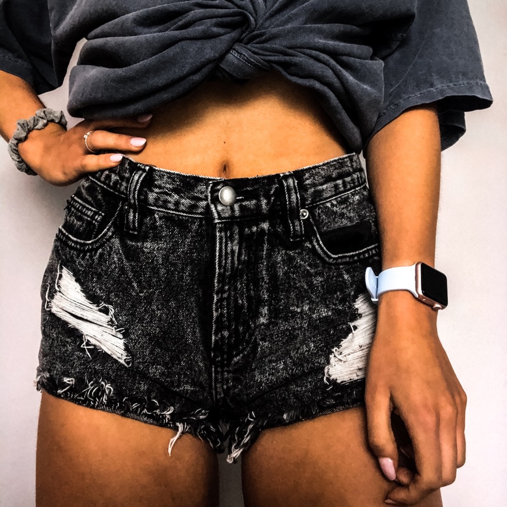 Dark distressed denim shorts